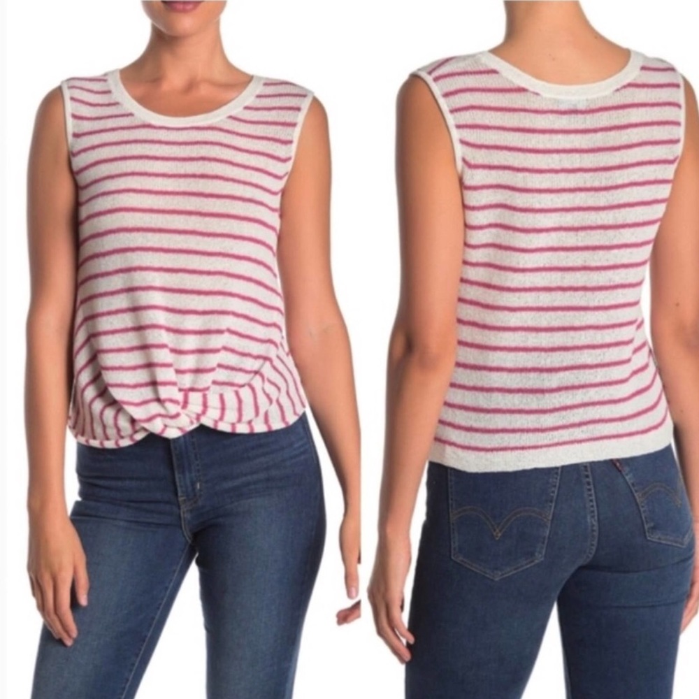 SPLENDID sz Large Top Sweater Twist Front Striped Sleeveless Type White Pink NWT